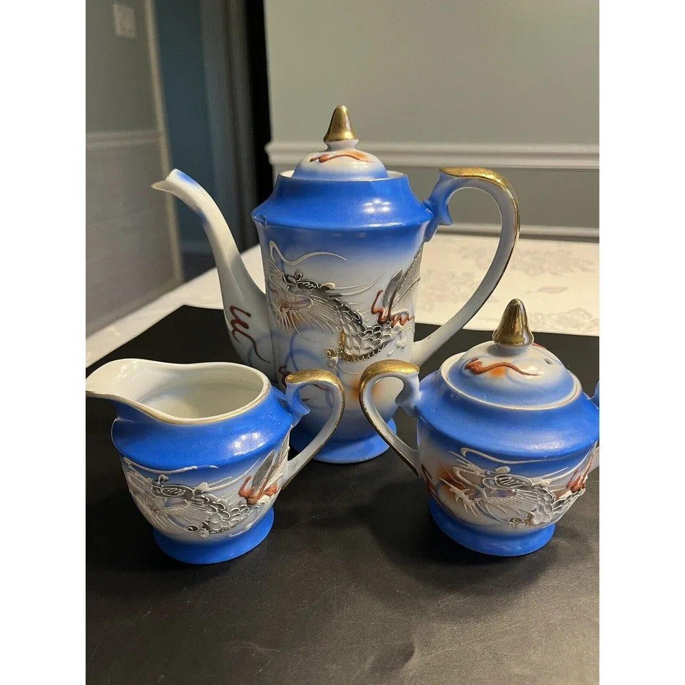 Vintage Dragonware Moriage Blue White Coffee Tea Pot Sugar Creamer Set